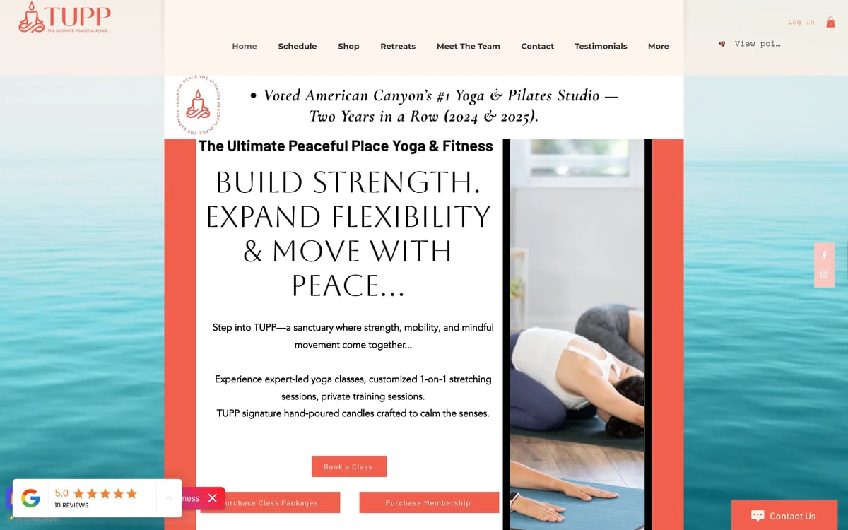 TUPP yoga studio website homepage featuring promotional banner for strength, flexibility and mindful movement classes with ocean background