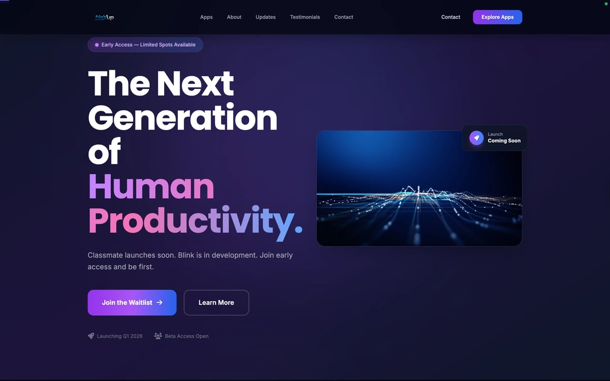 Landing page hero section featuring The Next Generation of Human Productivity headline with digital technology visualization and call-to-action buttons